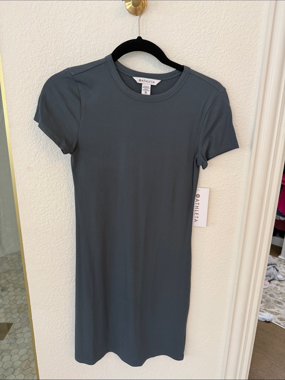 Athleta Short-Sleeve Knit Dress in Charcoal Gray/blue